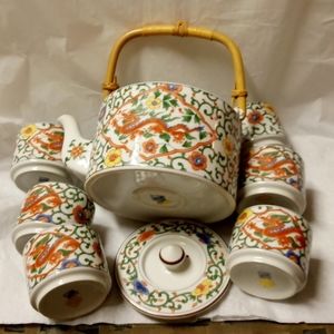 8-Pc OMC Japanese Tea Set Dragon Pattern Porcelian Ceramic